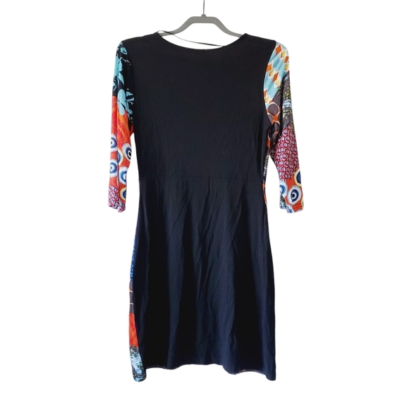 Papillon Artsy Patchwork Y2K V-Neck Stretch Jersey Boho Colorful Dress M - Picture 2 of 6